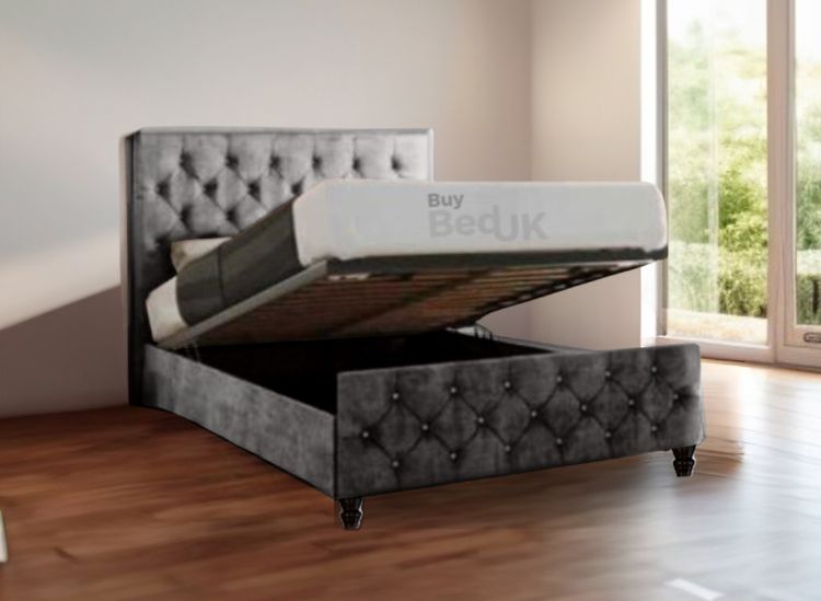 Adora Chesterfield Upholstered Ottoman Storage Bed Frame Grey Plush | £349 - £549