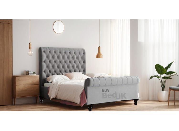 Cassia Chesterfield Sleigh Upholstered Ottoman Storage Bed Frame Grey Plush | £379 - £509