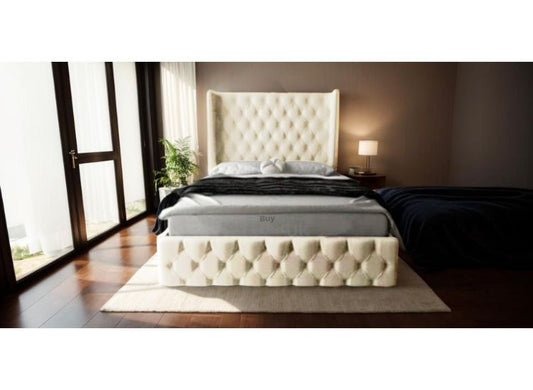 Kayla Winged Designer Upholstered Ottoman Storage Bed Frame Dove Plush | £519- £809