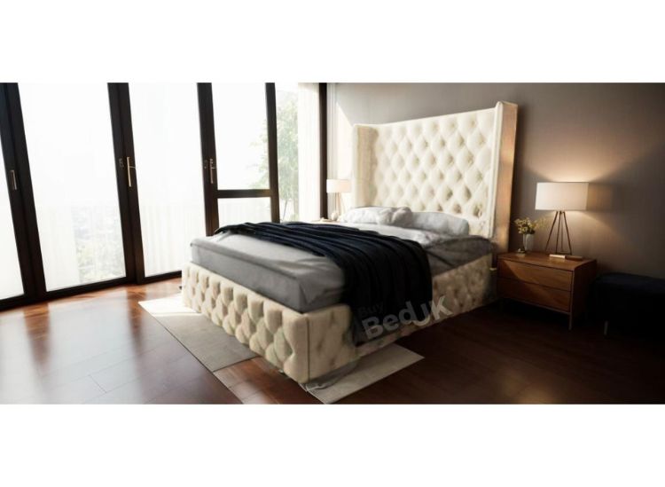 Kayla Winged Designer Upholstered Ottoman Storage Bed Frame Dove Plush | £519- £809