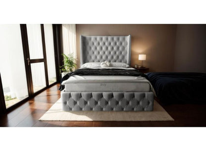 Kayla Winged Designer Upholstered Ottoman Storage Bed Frame Grey Plush | £519- £809