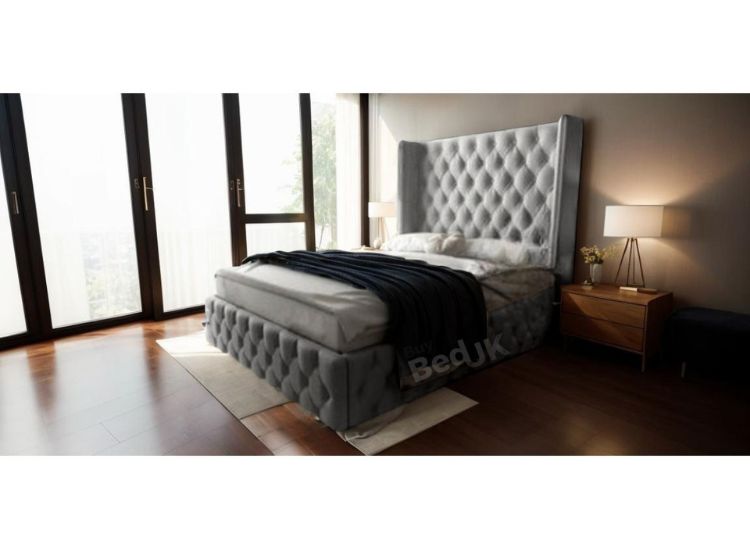 Kayla Winged Designer Upholstered Ottoman Storage Bed Frame Grey Plush | £519- £809