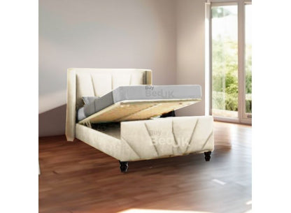 Maxima Hybrid Grey Naple Winged Upholstered Ottoman Storage Bed Frame Dove Plush | £429- £629