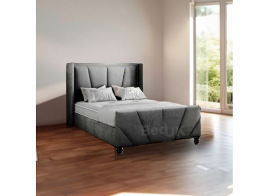 Maxima Hybrid Grey Naple Winged Upholstered Ottoman Storage Bed Frame Grey Plush | £429- £629