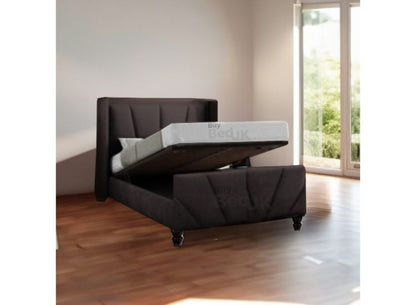 Maxima Hybrid Grey Naple Winged Upholstered Ottoman Storage Bed Frame Steel Plush | £429- £629