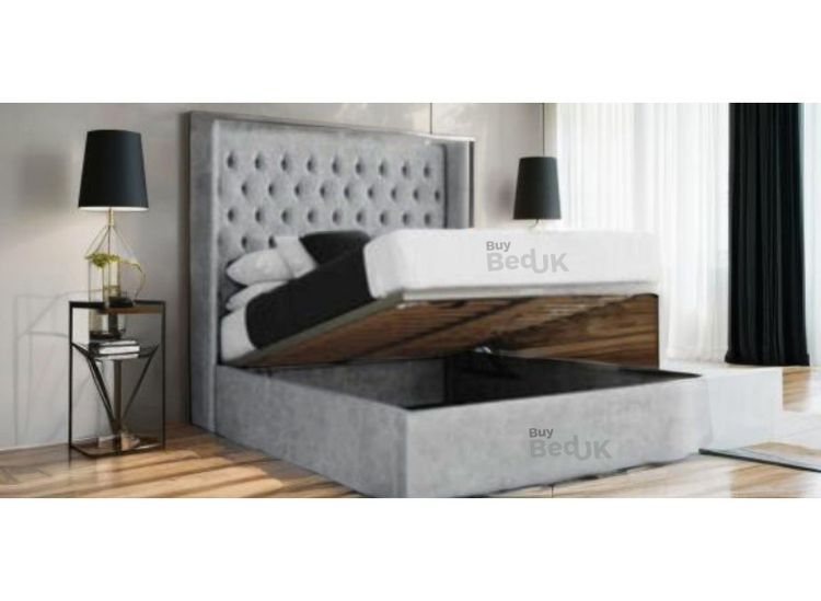 Maxine Winged Upholstered Ottoman Storage Bed Frame Grey Plush | £379- £539